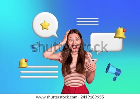 Creative 3d collage image of excited lady getting sms apple iphone samsung modern device isolated colorful background