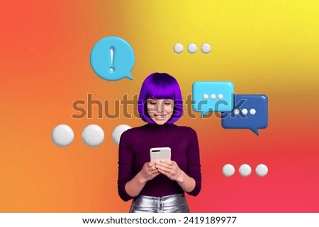 Magazine picture sketch collage image of happy smiling lady chatting instagram twitter telegram facebook isolated creative background