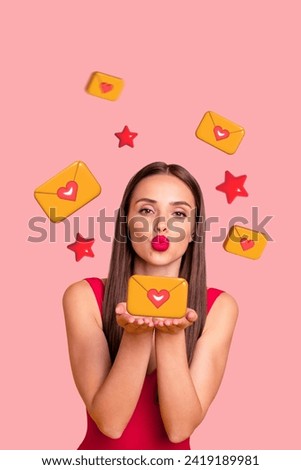 Creative image picture collage of flirty girl send air kiss with 3d letter greeting for 14 february holiday