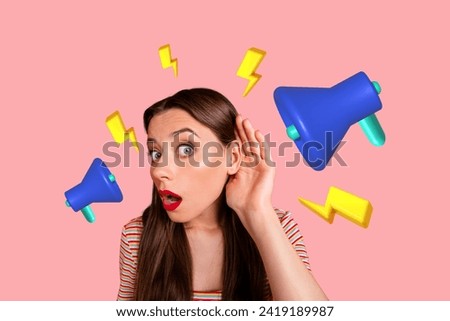 Collage artwork minimal picture of impressed lady listening announcement bullhorn isolated pink color background