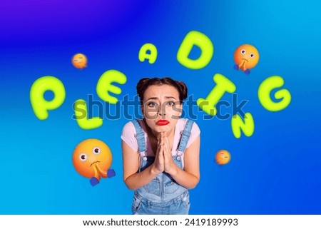 Magazine collage picture of unhappy sad lady hands together pleading forgive her isolated blue color background
