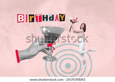 Collage image of black white effect arm hold cocktail glass mini excited girl fresh flowers bouquet birthday party isolated on drawing background