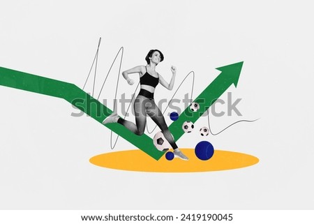 Collage picture of cheerful black white colors girl jump kick football growing arrow pointer upwards isolated on painted background