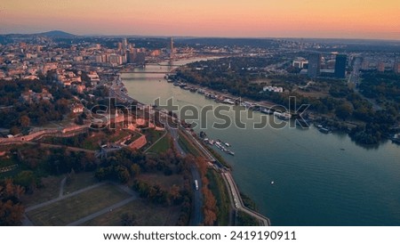 Aerial view of Belgrade rivers and cityscape, Serbia. Royalty-Free Stock Photo #2419190911
