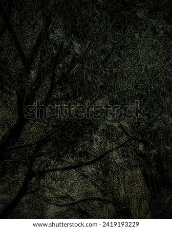 forest horror tree picture, the dense canopy overhead casts an ominous veil, shrouding the scene in darkness. Foreboding mist swirls around gnarled and twisted trees, their branches reaching o