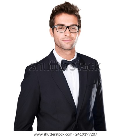 Studio portrait, fashion and confident man in tuxedo, formal evening wear or elegant outfit on white background. Suit, glasses and aesthetic model with classy outfit, fancy clothes and classic style Royalty-Free Stock Photo #2419199207