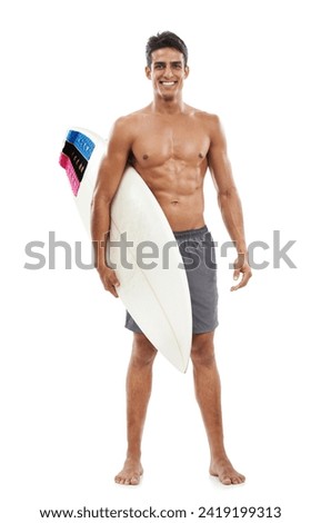 Happy man, portrait and surf board ready for waves standing shirtless against a white studio background. Handsome male person, body or athlete smile for surfing, exercise or water on mockup space