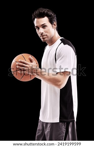 Sports, basketball and portrait of fitness man with ball in studio for training, wellness or fun hobby on black background. Workout, face and male athlete with handball match, workout or performance