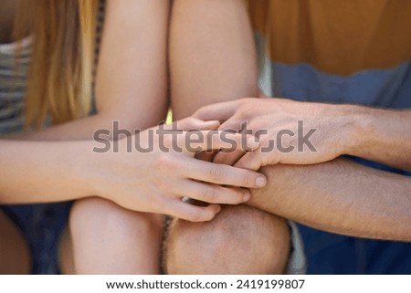 Holding hands, couple with trust and support in relationship, love and comfort with closeup of commitment and kindness. Respect, loyalty and care for partner, people in romance for touch and devotion Royalty-Free Stock Photo #2419199807