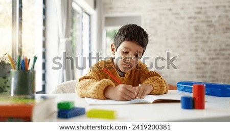 Home learning, math education or boy in kindergarten studying for knowledge or growth development. Focus, assessment or smart child writing or counting on numbers to study for test in notebook alone