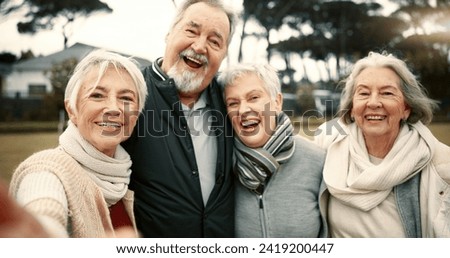 Senior friends, group selfie and park with smile, face and excited together with hug, care and outdoor. Elderly man, women and happy for memory, photography or profile picture with portrait in nature