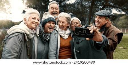 Excited, selfie and group of senior friends in outdoor green environment for fresh air. Diversity, happy and elderly people in retirement taking picture together while exploring and bonding in a park