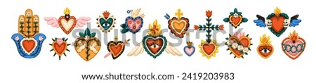 Mexican hearts set. Sacred Mexico love symbols. Holy religious corazons in fire, flame, flower, crown, eye, dagger. Valentine decorations. Flat vector illustrations isolated on white background