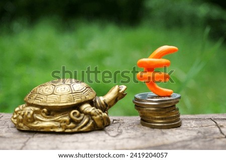 Euro symbol and coins on a green background. There is a turtle figurine next to it. Finance and economics.