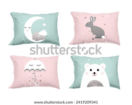 Soft pillows with cute prints isolated on white, set