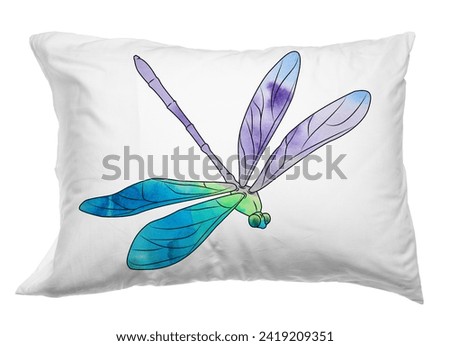 Soft pillow with printed dragonfly isolated on white