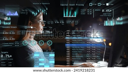 Image of financial data processing over caucasian business people in office. Global networks, business, finances, computing and data processing concept digitally generated image.