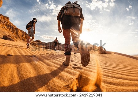 Big group of young hikers or tourists with backpacks walks in sunset Gobi desert Royalty-Free Stock Photo #2419219841