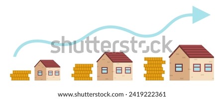 Drawn houses with coins and increasing arrow on white background
