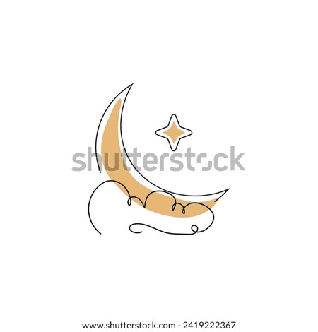 Drawn cloud, crescent and star on white background. Symbol of Is