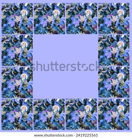 Collection of leaves from an original photo in purple and blue hues, part of a series of pop art digitally enhanced images for backgrounds, banners, announcements.