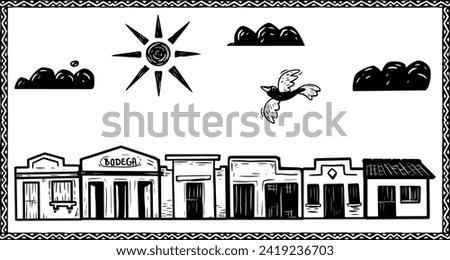 street in a small town in the interior, in the woodcut style. Royalty-Free Stock Photo #2419236703