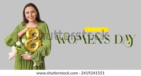 Beautiful young woman with balloon in shape of figure 8 and bouquet of tulips on light background. Banner for International Women's Day