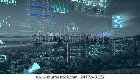 Image of financial data processing over cityscape. Global networks, business, finances, computing and data processing concept digitally generated image.