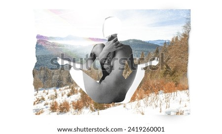 Wellness, balance and health care promotion. Silhouette of female body, woman sitting on top of mountain and practicing yoga. Conceptual design. Meditation and mindfulness, mental health