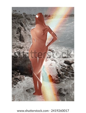 Surreal conceptual collage of female silhouette with seas and mountain scene and abstract rainbow elements. Conceptual design. Concept of female beauty, surrealism. Human connection with nature