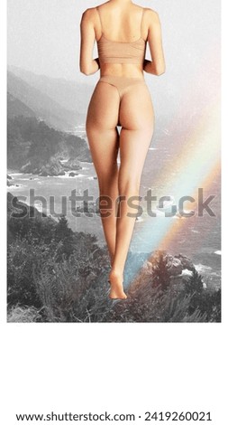 Surreal composition of woman in underwear with coastal landscape and a bright rainbow element. Unity of nature, origin and mental health Conceptual design. Concept of meditation, beauty