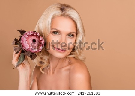 Photo portrait of stunning charming senior female hold gentle pink proteus shoulders off isolated on beige color background Royalty-Free Stock Photo #2419261583