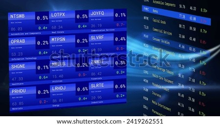 Image of financial data processing over dark background. Global networks, business, finances, computing and data processing concept digitally generated image.