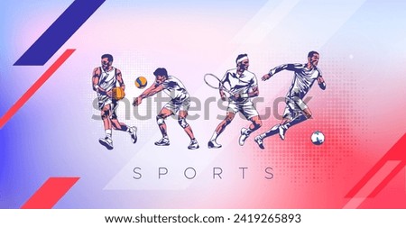 Banner template for national sports day football, basketball, tennis and volleyball background. world sports celebration