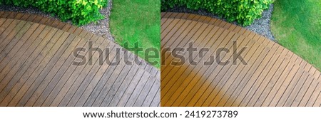 cleaning a wooden terrace with a high-pressure washer - BEFORE and AFTER cleaning and oiling wooden surfaces Royalty-Free Stock Photo #2419273789