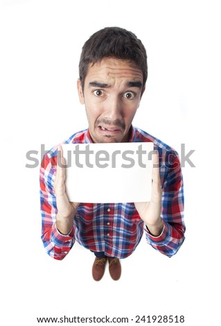 Concerned guy holding a name card