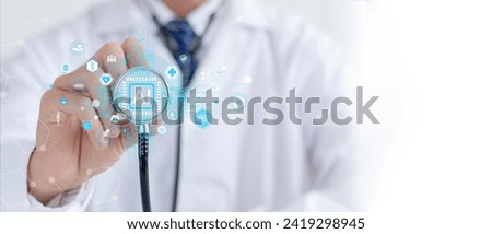 Medical technology. Innovation health and medical research, healthcare and medicine concept. Doctor use AI for diagnosis, care, and increasing accuracy patient treatment. AI data analysis.  Royalty-Free Stock Photo #2419298945