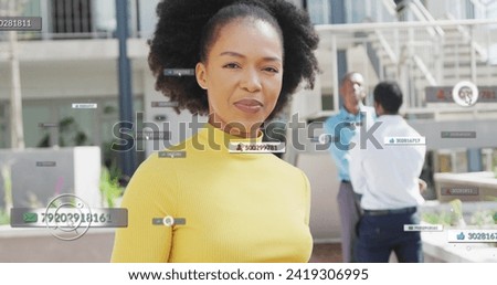 Image of icons and numbers with data processing over african american businesswoman. Global networks, business, finances, computing and data processing concept digitally generated image.