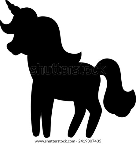 Vector black unicorn silhouette. Fantasy animal shadow. Fairytale horse character illustration for kids. Cartoon magic creature icon isolated on white background

