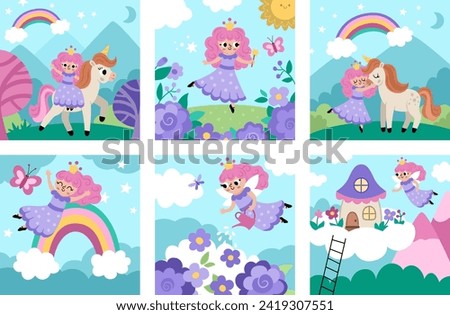 Vector fairy scenes set. Square backgrounds collection with little princess. Magic or fantasy world illustrations with girl, unicorn, rainbow, cottage on cloud. Fairytale landscape for kids 

