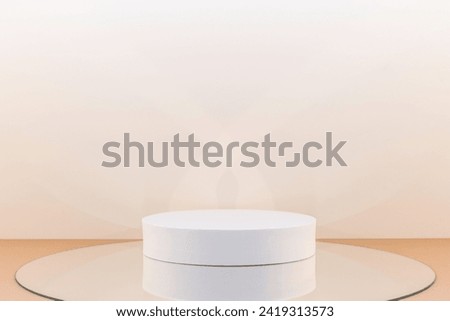 Beige and white background with display for products with a 3 D rendering. Empty platform with podium for cosmetics, jewelry, model or other objects.	 Royalty-Free Stock Photo #2419313573