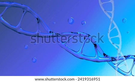 human dna structure with glass helix, deoxyribonucleic acid on blue background, nucleic acid molecules, human genome, development science, information, chromosome change, 3d rendering, copy space Royalty-Free Stock Photo #2419316951