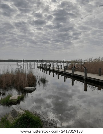 a wooden dock extending over a body of water with cloudy skies in the background. The landscape features a lake and a wooden pier, creating a serene and natural setting. Royalty-Free Stock Photo #2419319133
