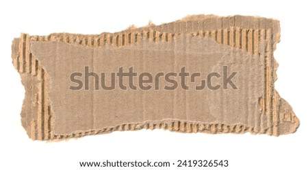 Torn piece of cardboard. Blank paper piece for message, reminder, sign, tag, label. Corrugated ripped cardboard empty background for message. Isolated on white background. Design element. Copy space