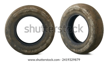 set of old worn out tires, dirty and used tires in different angles and isolated on white background, safe driving and vehicle maintenance concept Royalty-Free Stock Photo #2419329879