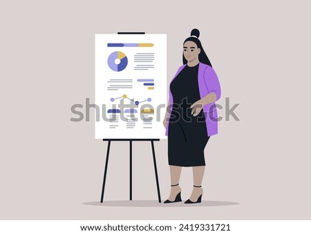 An elegantly dressed plus-size woman, adorned in a vibrant cardigan, a simple black dress, and wedge shoes, stands next to a flip board, confidently presenting a business report Royalty-Free Stock Photo #2419331721