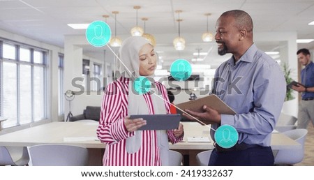 Image of connections processing over diverse business people in office. Global networks, business, finances, computing and data processing concept digitally generated image.