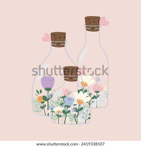 Flat hand drawn vector illustration of cute pastel glass bottles with flowers. Decorative element for card, postcard, sticker, invitation, social media poster. Wedding, birthday, love concept