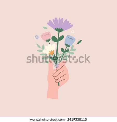 Flat hand drawn vector illustration of cute pastel hand holding wild flowers. Decorative element for card, postcard, sticker, banner, invitation, social media poster. Wedding, birthday, love concept