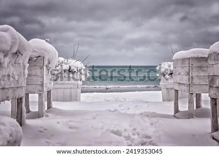 A winter landscape in which the sea and the snowy beach meet in perfect union. High-quality photography. There is space for text.